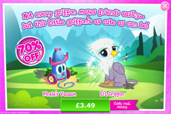 Size: 1958x1298 | Tagged: safe, gameloft, graff, griffon, g4, my little pony: magic princess, advertisement, background character, background griffon, beak, bush, chickub, costs real money, english, folded wings, introduction card, li'l griffon, mobile game, numbers, sale, solo, text, vacuum cleaner, wings