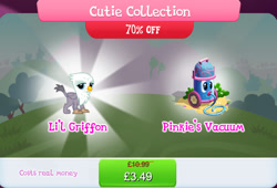 Size: 1264x857 | Tagged: safe, gameloft, graff, griffon, g4, my little pony: magic princess, background character, background griffon, beak, bundle, bush, chickub, costs real money, cutie collection, english, folded wings, li'l griffon, mobile game, numbers, sale, solo, text, vacuum cleaner, wings