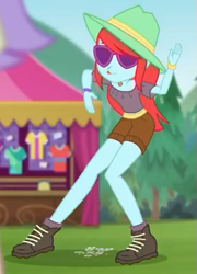 Size: 369x512 | Tagged: safe, edit, edited screencap, screencap, peppermint azure, human, accountibilibuddies, equestria girls, equestria girls series, g4, spoiler:eqg series (season 2), bracelet, clothes, cropped, dancing, female, hat, jewelry, shorts, solo, sunglasses, tongue out
