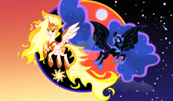 Size: 1024x599 | Tagged: safe, artist:velveagicsentryyt, daybreaker, nightmare moon, pony, g4, deviantart watermark, obtrusive watermark, watermark