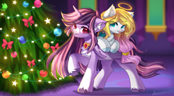 Size: 2048x1128 | Tagged: safe, artist:airiniblock, oc, oc only, oc:angel light, oc:yume shine, pegasus, pony, rcf community, christmas, christmas tree, duo, halo, holiday, looking at each other, looking at someone, pegasus oc, riding, riding a pony, tree