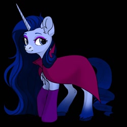 Size: 1024x1024 | Tagged: safe, artist:vanesasarbu, rarity, pony, unicorn, g4, g5, black background, blue, cape, clothes, dark, eyeshadow, female, g4 to g5, generation leap, makeup, mare, purple eyeshadow, redesign, simple background, socks, solo, unshorn fetlocks