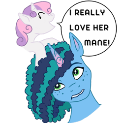 Size: 1280x1280 | Tagged: safe, artist:draconis-de-christus, misty brightdawn, sweetie belle, pony, unicorn, g4, g5, female, filly, foal, i really like her mane, mare, simple background, solo, speech bubble, transparent background