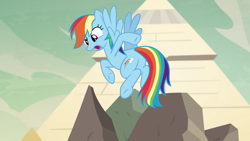 Size: 1280x720 | Tagged: safe, screencap, rainbow dash, pegasus, pony, daring done?, g4, season 7, butt, female, flying, mare, open mouth, plot, pointing, rainbutt dash, solo, underhoof