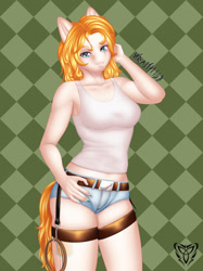 Size: 1662x2217 | Tagged: safe, artist:wraith148, pear butter, earth pony, anthro, g4, alternate hairstyle, belt, belt buckle, breasts, clothes, daisy dukes, eyebrows, eyelashes, female, hook, lasso, looking at you, rope, shorts, smiling, solo, tail, tank top, thighs