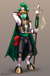 Size: 2000x3000 | Tagged: safe, artist:jedayskayvoker, oc, oc:project castle, earth pony, anthro, armor, boots, cape, clothes, colored, colored sketch, cute, earth pony oc, full color, gradient background, high res, male, shiny, shoes, sketch, solo, spear, stallion, weapon