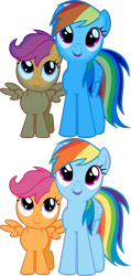 Size: 3380x7094 | Tagged: safe, artist:kishmond, rainbow dash, scootaloo, pegasus, pony, g4, owl's well that ends well, cute, cutealoo, dashabetes, duo, duo female, female, filly, foal, looking at you, mare, open mouth, simple background, spread wings, transparent background, vector, wings