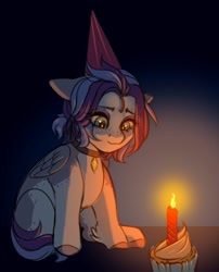 Size: 2019x2500 | Tagged: safe, artist:gunya, oc, oc only, unnamed oc, pegasus, pony, birthday, birthday candles, candle, collar, cupcake, eye clipping through hair, eyebrows, eyebrows visible through hair, floppy ears, folded wings, food, freckles, happy birthday to me, hat, high res, party hat, pegasus oc, sad, sitting, solo, wings