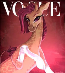 Size: 858x968 | Tagged: safe, artist:bunnibabe, oc, oc only, oc:lovelace filigree, giraffe, clothes, cloven hooves, gloves, lace, looking at you, magazine cover, solo, vogue