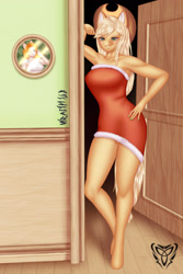 Size: 1567x2351 | Tagged: safe, alternate version, artist:wraith148, applejack, pear butter, earth pony, anthro, unguligrade anthro, g4, applejack's hat, bedroom eyes, breasts, busty applejack, christmas, christmas dress, christmas outfit, clothes, cowboy hat, doorway, dress, eyebrows, hand on hip, hat, hips, holiday, leaning, looking at you, painted nails, smiling, solo, thighs