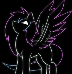Size: 2921x3030 | Tagged: safe, artist:dyngarynth, oc, oc only, oc:dyn, pegasus, pony, black background, blue eyes, colored wings, high res, lineart, long mane, long tail, multicolored mane, multicolored wings, pegasus oc, simple background, slender, solo, spread wings, tail, thin, wings