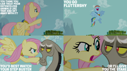 Size: 4400x2475 | Tagged: safe, edit, edited screencap, editor:quoterific, screencap, discord, fluttershy, rainbow dash, draconequus, pegasus, pony, g4, keep calm and flutter on, angry, assertive fluttershy, boop, cheering, element of kindness, element of loyalty, female, fluttershy is not amused, flying, frown, gritted teeth, male, mare, noseboop, open mouth, open smile, pointing, smiling, smug, snaggletooth, spread wings, teeth, trio, unamused, volumetric mouth, wings