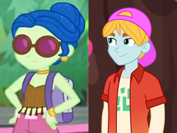 Size: 872x657 | Tagged: safe, screencap, fry lilac, laurel jade, human, equestria girls, equestria girls specials, five lines you need to stand in, g4, my little pony equestria girls: better together, my little pony equestria girls: sunset's backstage pass, background human, backpack, backwards ballcap, baseball cap, cap, clothes, crack shipping, cropped, ear piercing, earring, female, hat, jewelry, laurelac, male, piercing, shipping, shipping domino, sleeveless, smiling, straight, sunglasses