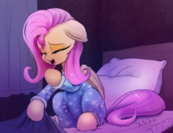 Size: 2603x2000 | Tagged: safe, artist:xbi, fluttershy, pegasus, pony, g4, 30 minute art challenge finished after, bed, bedroom, blanket, clothes, cute, eyes closed, female, floppy ears, high res, mare, onesie, open mouth, pajamas, pillow, shyabetes, signature, sitting, sleepy, solo, wings, yawn