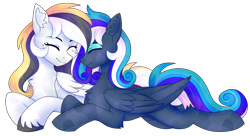 Size: 2200x1200 | Tagged: safe, artist:stesha, oc, oc only, oc:flaming dune, oc:storm cloud river's, pegasus, pony, 2023 community collab, derpibooru community collaboration, best friends, chest fluff, concave belly, crystallized, curly mane, cute, duo, duo female, ear fluff, eyes closed, eyeshadow, female, folded wings, freckles, full body, leg fluff, looking at each other, looking at someone, lying down, makeup, mare, multicolored mane, multicolored tail, pegasus oc, simple background, slender, smiling, smiling at each other, tail, thin, transparent background, unshorn fetlocks, wings