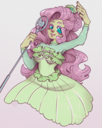 Size: 3058x3833 | Tagged: safe, artist:permafox, fluttershy, human, equestria girls, g4, my little pony equestria girls: better together, so much more to me, clothes, dress, flowing hair, frilly dress, high res, humanized, looking at you, microphone, open mouth, open smile, simple background, singing, smiling, solo