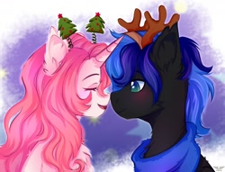 Size: 2000x1525 | Tagged: safe, artist:stesha, oc, antlers, chest fluff, christmas, christmas tree, clothes, commission, duo, ear fluff, fluffy, holiday, reindeer antlers, scarf, tree