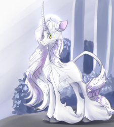 Size: 1800x2000 | Tagged: safe, artist:thescornfulreptilian, oc, oc:edelweiss, classical unicorn, pony, unicorn, them's fightin' herds, cloven hooves, community related, hoof fluff, horn, leonine tail, slender, solo, thin, unshorn fetlocks