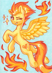 Size: 1471x2076 | Tagged: safe, artist:dandy, spitfire, pegasus, pony, g4, female, fire, flying, frog (hoof), grin, looking at you, mare, one eye closed, one eye open, smiling, solo, sparkles, spread wings, stars, traditional art, underhoof, wings, wink, winking at you