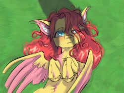 Size: 1504x1128 | Tagged: safe, artist:caninecrypt, fluttershy, pegasus, pony, g4, chest fluff, ear fluff, female, heart, heart eyes, lying down, solo, wingding eyes