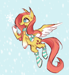 Size: 1280x1395 | Tagged: safe, artist:caninecrypt, fluttershy, pegasus, pony, g4, chest fluff, clothes, ear fluff, female, heart, heart eyes, mare, open mouth, open smile, simple background, smiling, snow, socks, solo, spread wings, striped socks, wingding eyes, wings