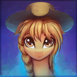 Size: 2000x2000 | Tagged: safe, artist:adagiostring, oc, oc only, oc:maple drop, earth pony, pony, bust, commission, cute, female, food, hat, headshot commission, high res, looking at you, mare, not applejack, orange, portrait, solo