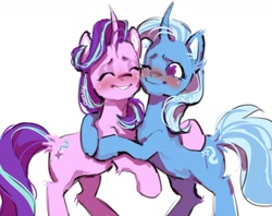 Size: 1288x1021 | Tagged: safe, artist:caninecrypt, starlight glimmer, trixie, pony, unicorn, g4, blushing, curved horn, duo, eyes closed, female, heart, heart eyes, horn, hug, lesbian, ship:startrix, shipping, simple background, smiling, white background, wingding eyes