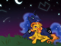 Size: 1280x960 | Tagged: safe, artist:caninecrypt, princess luna, oc, alicorn, pegasus, pony, g4, blushing, canon x oc, chest fluff, constellation, crescent moon, ear fluff, female, fluffy, grass, happy, hug, lesbian, lying down, moon, prone, smiling, stars, unshorn fetlocks, winghug, wings