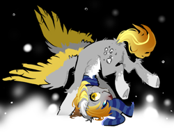 Size: 1280x974 | Tagged: safe, artist:caninecrypt, derpy hooves, pegasus, pony, g4, alternate design, chest fluff, clothes, colored wings, colored wingtips, ear fluff, female, heart, heart eyes, heterochromia, scarf, simple background, smiling, snow, solo, spread wings, striped scarf, wingding eyes, wings