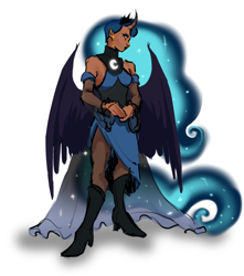 Size: 1280x1446 | Tagged: safe, artist:caninecrypt, nightmare moon, princess luna, human, anthro, g4, bat wings, clothes, crown, curved horn, female, horn, humanized, jewelry, regalia, simple background, solo, spread wings, white background, wings