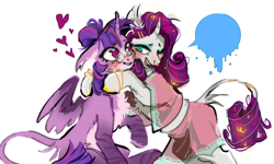 Size: 1280x767 | Tagged: safe, artist:caninecrypt, rarity, twilight sparkle, alicorn, pony, g4, bracelet, chest fluff, clothes, colored hooves, curved horn, duo, ear fluff, eyeshadow, female, glasses, hair bun, heart, heart eyes, horn, hug, jewelry, leonine tail, lesbian, makeup, nose piercing, nose ring, partially open wings, piercing, ship:rarilight, shipping, simple background, sitting, smiling, tail, tail jewelry, twilight sparkle (alicorn), white background, wingding eyes, wings