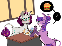 Size: 1280x960 | Tagged: safe, artist:caninecrypt, rarity, twilight sparkle, classical unicorn, pony, unicorn, g4, blushing, burger, cloven hooves, curved horn, duo, female, food, heart, heart eyes, hoof heart, horn, leonine tail, lesbian, magic, ship:rarilight, shipping, simple background, smiling, tail, telekinesis, underhoof, unicorn twilight, unshorn fetlocks, white background, wingding eyes