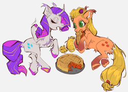 Size: 1280x929 | Tagged: safe, artist:caninecrypt, applejack, rarity, earth pony, pony, unicorn, g4, chest fluff, curved horn, duo, ear fluff, eyes closed, female, food, heart, heart eyes, horn, lesbian, lying down, pie, ship:rarijack, shipping, wingding eyes