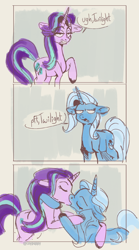 Size: 494x887 | Tagged: safe, artist:coypuppy, starlight glimmer, trixie, pony, unicorn, g4, 3 panel comic, colored hooves, comic, duo, duo female, female, kissing, lesbian, ship:startrix, shipping, simple background, text, that escalated quickly