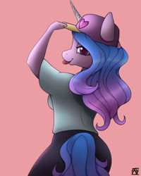 Size: 2000x2500 | Tagged: safe, artist:naen, izzy moonbow, unicorn, anthro, plantigrade anthro, g5, clothes, female, hat, high res, izzy the rapper, leggings, looking at you, looking back, mare, shirt, signature, simple background, solo, t-shirt
