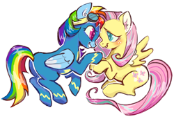 Size: 1280x883 | Tagged: safe, artist:caninecrypt, fluttershy, rainbow dash, pegasus, pony, g4, blushing, clothes, colored ear fluff, colored pinnae, duo, ear fluff, female, folded wings, heart, heart eyes, lesbian, looking at each other, looking at someone, ship:flutterdash, shipping, simple background, smiling, smiling at each other, spread wings, uniform, white background, wingding eyes, wings, wonderbolts uniform