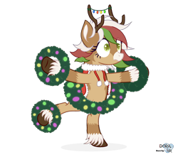 Size: 2500x2213 | Tagged: safe, alternate version, artist:angelina-pax, oc, oc only, oc:olive (reindeer), deer, antlers, bipedal, christmas, christmas lights, clothes, coat, commission, deer oc, female, high res, holiday, markings, multicolored hair, non-pony oc, raised hoof, raised leg, reindeer antlers, reindeer oc, simple background, solo, transparent background, unshorn fetlocks, wreath, ych result