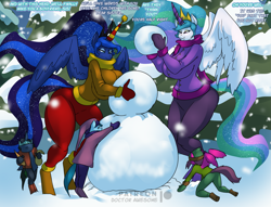 Size: 2199x1676 | Tagged: safe, artist:thebigbadwolf01, princess celestia, princess luna, alicorn, earth pony, pegasus, unicorn, anthro, unguligrade anthro, g4, big breasts, breasts, busty princess celestia, busty princess luna, children, clothes, crown, dialogue, female, foal, horn, horn cap, horn sock, horn warmer, huge breasts, implied vulgar, jacket, jewelry, male, mittens, regalia, scarf, snow, snowman, spread wings, tail, teasing, wings