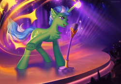 Size: 1744x1208 | Tagged: safe, artist:margony, oc, oc only, pony, unicorn, chest fluff, crowd, magic, microphone, singing, solo, sparkles, stage