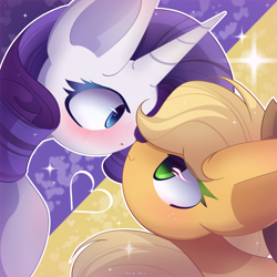Size: 2200x2200 | Tagged: safe, artist:miryelis, applejack, rarity, earth pony, pony, unicorn, g4, big ears, blushing, boop, cute, duo, duo female, female, hat, heart, high res, horn, impossibly large ears, jackabetes, lesbian, looking at each other, looking at someone, mare, raribetes, ship:rarijack, shipping, simple background, smiling