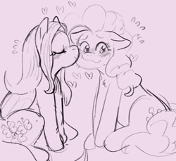 Size: 2048x1876 | Tagged: safe, artist:sleepy screen, fluttershy, pinkie pie, earth pony, pegasus, pony, g4, cheek kiss, eyes closed, female, heart, kissing, lesbian, monochrome, ship:flutterpie, shipping, sitting, sketch, smiling