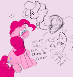 Size: 1937x2048 | Tagged: safe, artist:sleepy screen, pinkie pie, earth pony, pony, g4, crying, female, sitting, sketch, smiling, tears of joy, text, transgender