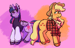 Size: 1005x645 | Tagged: safe, artist:sleepy screen, applejack, twilight sparkle, alicorn, earth pony, pony, g4, blushing, clothes, duo, ear piercing, female, lesbian, piercing, ship:twijack, shipping, simple background, smiling, twilight sparkle (alicorn)