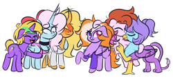 Size: 3300x1600 | Tagged: safe, artist:iceflower99, oc, oc only, oc:buggy brush, oc:darky spell, oc:foggy bismuth, oc:june griffon, oc:sunrise goldhearts, oc:zweet beatz, daemonequus, demon, demon pony, griffon, original species, pegasus, pony, unicorn, 2023 community collab, derpibooru community collaboration, chest fluff, choker, clothes, curved horn, eyes closed, female, floppy ears, griffon oc, group, heterochromia, horn, hug, jewelry, kissing, long horn, mare, necklace, pegasus oc, playing with hair, ribbon, simple background, standing on two hooves, sweater, transparent background, unicorn oc