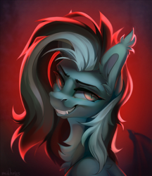 Size: 2500x2900 | Tagged: safe, artist:mithriss, oc, oc only, bat pony, pony, bust, chest fluff, ear fluff, fangs, grin, high res, male, smiling, solo, stallion, teeth