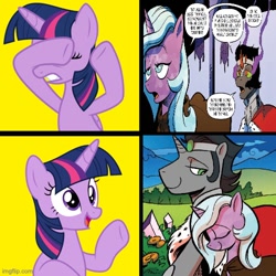 Size: 500x500 | Tagged: safe, artist:andy price, edit, editor:railpony, idw, king sombra, radiant hope, twilight sparkle, alicorn, pony, g4, siege of the crystal empire, female, hotline bling, imgflip, male, meme, reformed sombra, ship:hopebra, shipping, straight, trio, twilight sparkle (alicorn)