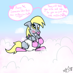 Size: 1920x1920 | Tagged: safe, artist:duckchip, derpy hooves, pegasus, pony, g4, blushing, booties, bound wings, cloud, diaper, diaper fetish, fetish, heart, heart eyes, heterochromia, mittens, non-baby in diaper, offscreen character, on a cloud, pacifier, pink, solo, speech bubble, wingding eyes, wings