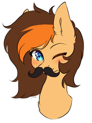 Size: 3429x4576 | Tagged: safe, artist:torihime, oc, oc only, oc:aerion featherquill, pegasus, pony, blushing, bust, commission, facial hair, fake moustache, female, mare, moustache, one eye closed, simple background, solo, transparent background, wink, ych result