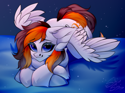 Size: 3000x2246 | Tagged: safe, artist:shinoshai, oc, oc only, oc:rainy sky, pegasus, pony, bed, commission, female, high res, hug, looking at you, lying down, mare, pillow, pillow hug, solo, spread wings, wings, ych result
