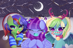 Size: 10440x6844 | Tagged: safe, artist:arwencuack, oc, oc only, oc:christian clefnote, oc:eminence bloom, oc:lutecia, pegasus, pony, unicorn, antlers, bell, bell collar, candy, candy cane, christmas, christmas stocking, clothes, collar, commission, crescent moon, fake antlers, food, hat, holiday, moon, santa hat, scarf, smiling, snow, snowfall, snowman, socks, striped scarf, striped socks, tongue out, tree, trio